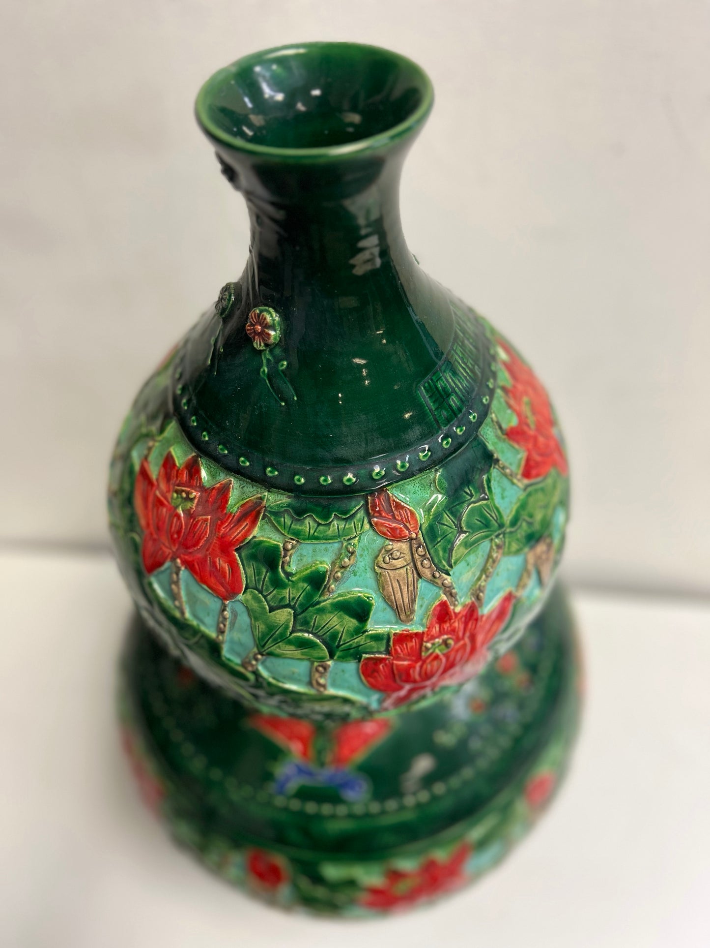 Handmade Ceramic Art Double Bulb Vase Lotus Green SP22