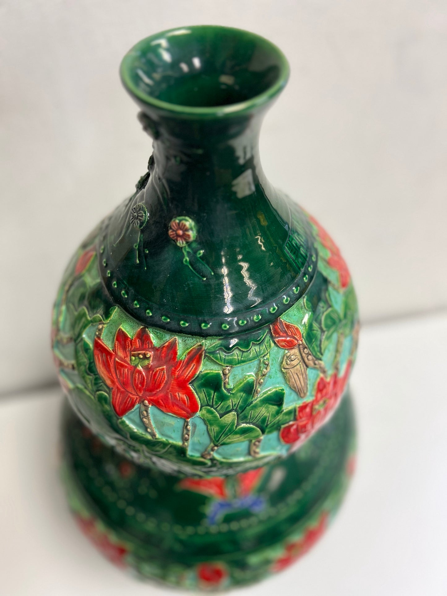 Handmade Ceramic Art Double Bulb Vase Lotus Green SP22